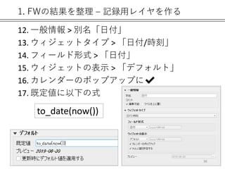 1. FWの結果を整理 – 記録用レイヤを作る
12. 一般情報 > 別名「日付」
13. ウィジェットタイプ > 「日付/時刻」
14. フィールド形式 > 「日付」
15. ウィジェットの表示 > 「デフォルト」
16. カレンダーのポップアップに✔
17. 既定値に以下の式
to_date(now())
36
 