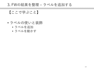 3. FWの結果を整理 – ラベルを追加する
【ここで学ぶこと】
• ラベルの使いと装飾
• ラベルを追加
• ラベルを動かす
69
 