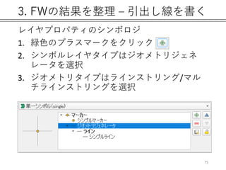3. FWの結果を整理 – 引出し線を書く
レイヤプロパティのシンボロジ
1. 緑色のプラスマークをクリック
2. シンボルレイヤタイプはジオメトリジェネ
レータを選択
3. ジオメトリタイプはラインストリング/マル
チラインストリングを選択
75
 