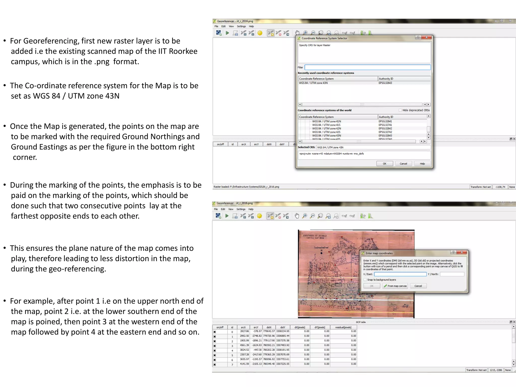 • For Georeferencing, first new raster layer is to be
added i.e the existing scanned map of the IIT Roorkee
campus, which is in the .png format.
• The Co-ordinate reference system for the Map is to be
set as WGS 84 / UTM zone 43N
• Once the Map is generated, the points on the map are
to be marked with the required Ground Northings and
Ground Eastings as per the figure in the bottom right
corner.
• During the marking of the points, the emphasis is to be
paid on the marking of the points, which should be
done such that two consecutive points lay at the
farthest opposite ends to each other.
• This ensures the plane nature of the map comes into
play, therefore leading to less distortion in the map,
during the geo-referencing.
• For example, after point 1 i.e on the upper north end of
the map, point 2 i.e. at the lower southern end of the
map is poined, then point 3 at the western end of the
map followed by point 4 at the eastern end and so on.
 