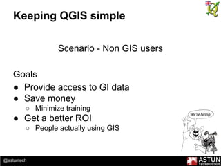 @astuntech
Keeping QGIS simple
Scenario - Non GIS users
Goals
● Provide access to GI data
● Save money
○ Minimize training
● Get a better ROI
○ People actually using GIS
 