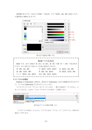 - 27 -
境界線の色ですが、先ほどと同様に「色見本」タブで R255、G0、B0 と設定します。
不透明度は 100%のままです。
255
0
0
100%
図 3.2.7 色設定手順（６）
RGB での色設定
RGB では、光の三原色の R（赤）、G（緑）、B（青）の値（0 ～ 255）で色が決ま
ります。0 と 255 だけで次のような色の設定ができます。
黒（R0、G0、B0） 白（R255、G255、B255） 赤（R255、G0、B0）
緑（R0、G255、B0） 青（R0、G0、B255） 黄（R255、G255、B0）
ピンク（R255、G0、B255） 水色（R0、G255、B255）
3.2.2 ラベルの設定
RedZone は YellowZone に囲まれ、囲まれた YellowZone と同じ区域番号が付きますの
で、ラベルは YellowZone だけを示すこととします。
レイヤプロパティの「ラベル」をクリックします。一番上の設定が「ラベルなし」と
なっていますが、これを「このレイヤのラベルの表示」に変更します。
図 3.2.8 ラベルの設定手順（１）
「このラベルの表示」にしたら、すぐ下にある「ラベル」で「このラベル」は何かを
設定してやります。
 
