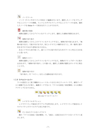 - 7 -
ノードツール
ノード（ラインやポリゴンの頂点）の編集を行います。選択したノードをドラッグ
することでノードの移動、リンク上でダブルクリックすることでノードの追加、選択
したノードを Deleat キーで消去を行うことができます。
選択物の削除
地物を選択してからアイコンをクリックします。選択した地物が削除されます。
地物の切り取り
地物を選択してからこのアイコンをクリックすると、地物が切り取られます。「地
物の貼り付け」で貼り付けますが、同じレイヤでこの動作を行うと、同一場所に張り
付きますのであまり意味がありません。
あるレイヤから切り取って、違うレイヤに貼り付けるためのツールと考えた方が良
いと思います。
地物のコピー
地物を選択してからこのアイコンをクリックするろ。地物がクリップボードに取り
込まれます。「地物の切り取り」との違いは、選択した地物が選択元のレイヤに残る
ことです。
地物の貼り付け
「切り取り」や「コピー」を行った地物を貼り付けます。
1.3.6 ラベルツールバー
ラベル設定によく使う機能のショートカットをまとめたツールバーです。属性テーブ
ルと連動するものが多く、編集モードでないと「ラベルを固定／固定解除」から右側は
アクティブになりません。
図 1.3.6 ラベルツールバー
レイヤラベルオプション
レイヤラベリング設定のダイアログを呼び出します。レイヤラベリング設定はレイ
ヤプロパティのラベルタグと同じ内容です。
ピンされたラベルをハイライト
隣の「ラベルを固定／固定解除」で、「固定」と設定されたラベルをハイライト表
示します。
 