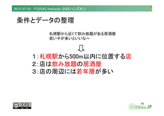 2012/07/01 FOSS4G Hokkaido QGISハンズオン


 条件とデータの整理
                 札幌駅から近くて飲み放題がある居酒屋
                 若い子が多いといいな～



    ...