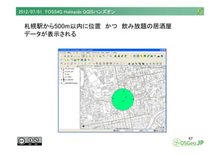 2012/07/01 FOSS4G Hokkaido QGISハンズオン


  札幌駅から500m以内に位置 かつ 飲み放題の居酒屋
  データが表示される




                                      ...