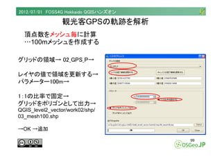 2012/07/01 FOSS4G Hokkaido QGISハンズオン

                 観光客GPSの軌跡を解析
  頂点数をメッシュ毎に計算
  …100mメッシュを作成する

グリッドの領域→ 02_GPS_P→

レ...
