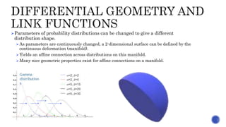 Parameters of probability distributions can be changed to give a different
distribution shape.
As parameters are continuously changed, a 2-dimensional surface can be defined by the
continuous deformation (manifold).
Yields an affine connection across distributions on this manifold.
Many nice geometric properties exist for affine connections on a manifold.
 