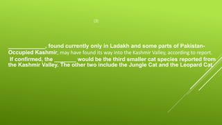 (3)
____________, found currently only in Ladakh and some parts of Pakistan-
Occupied Kashmir, may have found its way into the Kashmir Valley, according to report.
If confirmed, the _______ would be the third smaller cat species reported from
the Kashmir Valley. The other two include the Jungle Cat and the Leopard Cat.
 