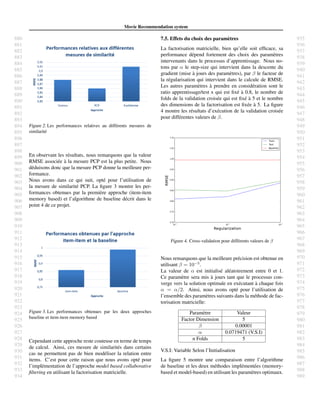 880
881
882
883
884
885
886
887
888
889
890
891
892
893
894
895
896
897
898
899
900
901
902
903
904
905
906
907
908
909
910
911
912
913
914
915
916
917
918
919
920
921
922
923
924
925
926
927
928
929
930
931
932
933
934
935
936
937
938
939
940
941
942
943
944
945
946
947
948
949
950
951
952
953
954
955
956
957
958
959
960
961
962
963
964
965
966
967
968
969
970
971
972
973
974
975
976
977
978
979
980
981
982
983
984
985
986
987
988
989
Movie Recommendation system
Figure 2. Les performances relatives au diff´erents mesures de
similarit´e
En observant les r´esultats, nous remarquons que la valeur
RMSE associ´ee `a la mesure PCP est la plus petite. Nous
d´eduisons donc que la mesure PCP donne la meilleure per-
formance.
Nous avons dans ce qui suit, opt´e pour l’utilisation de
la mesure de similarit´e PCP. La ﬁgure 3 montre les per-
formances obtenues par la premi`ere approche (item-item
memory based) et l’algorithme de baseline d´ecrit dans le
point 4 de ce projet.
Figure 3. Les performances obtenues par les deux approches
baseline et item-item memory based
Cependant cette approche reste couteuse en terme de temps
de calcul. Ainsi, ces mesure de similarit´es dans certains
cas ne permettent pas de bien mod´eliser la relation entre
items. C’est pour cette raison que nous avons opt´e pour
l’impl´ementation de l’approche model based collaborative
ﬁltering en utilisant la factorisation matricielle.
7.5. Effets du choix des param`etres
La factorisation matricielle, bien qu’elle soit efﬁcace, sa
performance d´epend fortement des choix des param`etres
intervenants dans le processus d’apprentissage. Nous no-
tons par α le step-size qui intervient dans la descente du
gradient (mise `a jours des param`etres), par β le facteur de
la r´egularisation qui intervient dans le calcule de RMSE.
Les autres param`etres `a prendre en consid´eration sont le
ratio apprentissage/test x qui est ﬁx´e `a 0.8, le nombre de
folds de la validation crois´ee qui est ﬁx´e `a 5 et le nombre
des dimensions de la factorisation est ﬁx´ee `a 5. La ﬁgure
4 montre les r´esultats d’ex´ecution de la validation crois´ee
pour diff´erentes valeurs de β.
Figure 4. Cross-validation pour diff´erents valeurs de β
Nous remarquons que la meilleure pr´ecision est obtenue en
utilisant β = 10−5
.
La valeur de α est initialis´e al´eatoirement entre 0 et 1.
Ce param`etre sera mis `a jours tant que le processus con-
verge vers la solution optimale en ex´ecutant `a chaque fois
α = α/2. Ainsi, nous avons opt´e pour l’utilisation de
l’ensemble des param`etres suivants dans la m´ethode de fac-
torisation matricielle:
Param`etre Valeur
Factor Dimension 5
β 0.00001
α 0.0719471 (V.S.I)
n Folds 5
V.S.I: Variable Selon l’Initialisation
La ﬁgure 5 montre une comparaison entre l’algorithme
de baseline et les deux m´ethodes impl´ement´ees (memory-
based et model-based) en utilisant les param`etres optimaux.
 