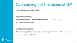 13
Idea 1: PCA approximation
Eigendecomposition of Knn and select m<n eigenmodes:
But, eigendecomposition ~O(n3)
Idea 2: Nystrom approximation
Approximate m eigenfunctions to construct a low-rank approximation:
Inversion complexity:
Overcoming the limitations of GP
How to improve scalability?
 