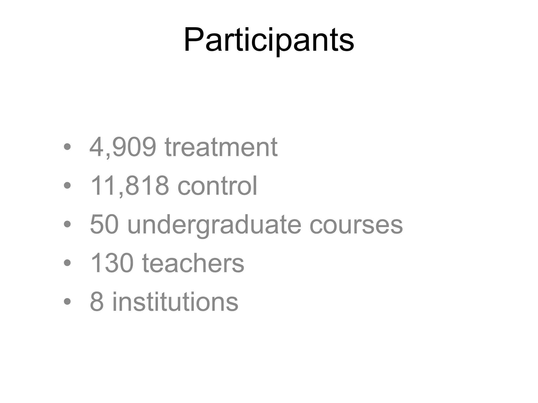 Participants
• 4,909 treatment
• 11,818 control
• 50 undergraduate courses
• 130 teachers
• 8 institutions
 