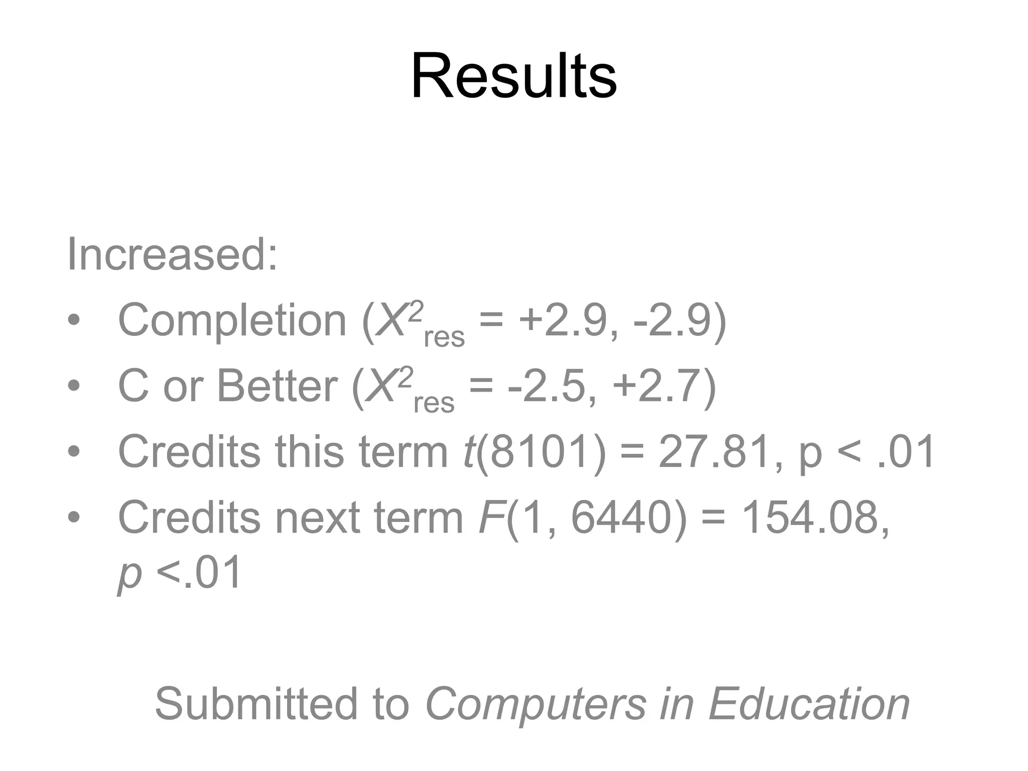 Results
Increased:
• Completion (X2
res = +2.9, -2.9)
• C or Better (X2
res = -2.5, +2.7)
• Credits this term t(8101) = 27.81, p < .01
• Credits next term F(1, 6440) = 154.08,
p <.01
Submitted to Computers in Education
 