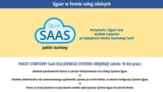 Qguar w formie usług zdalnych
PAKIET STARTOWY SaaS DLA JEDNEGO SYSTEMU OBEJMUJE (około 10 dni prac):
Szkolenie przedstawicieli klienta w zakresie funkcjonowania oraz obsługi Systemu Qguar.

Szkolenie administratora lub zaawansowanego użytkownika systemu po stronie klienta, w zakresie konfiguracji Systemu Qguar.

Pomoc ze strony Quantum w opracowaniu modelu wykorzystania Systemu Qguar do potrzeb klienta.
pakiet startowy
Korzystanie z Qguar SaaS
możliwe wyłącznie
po wykupieniu Pakietu Startowego SaaS!
 