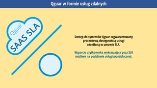 Qguar w formie usług zdalnych
Dostęp do systemów Qguar zagwarantowany
procentową dostępnością usługi
określoną w umowie SLA.
Wsparcie użytkownika wykraczające poza SLA
możliwe na podstawie usługi przedpłaconej.
 