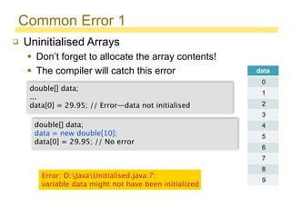 Common Error 1
double[] data;
...
data[0] = 29.95; // Error—data not initialised
 Uninitialised Arrays
 Don’t forget to ...