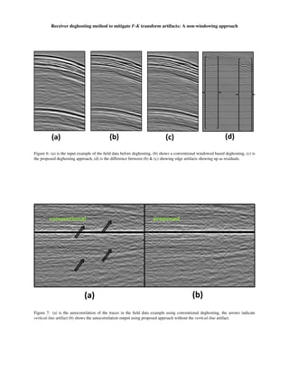 Receiver deghosting method to mitigate F-K transform artifacts: A non-windowing approach
Figure 6: (a) is the input example of the ﬁeld data before deghosting, (b) shows a conventional windowed based deghosting, (c) is
the proposed deghosting approach, (d) is the difference between (b) & (c) showing edge artifacts showing up as residuals.
Figure 7: (a) is the autocorrelation of the traces in the ﬁeld data example using conventional deghosting, the arrows indicate
vertical-line artifact (b) shows the autocorrelation output using proposed approach without the vertical-line artifact.
 