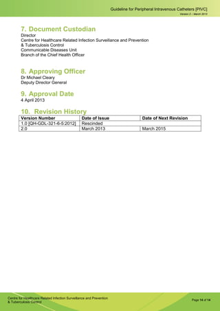 Page 14 of 14
Guideline for Peripheral Intravenous Catheters [PIVC]
Centre for Healthcare Related Infection Surveillance and Prevention
& Tuberculosis Control
Version 2 – March 2013
7. Document Custodian
Director
Centre for Healthcare Related Infection Surveillance and Prevention
& Tuberculosis Control
Communicable Diseases Unit
Branch of the Chief Health Officer
8. Approving Officer
Dr Michael Cleary
Deputy Director General
9. Approval Date
4 April 2013
10. Revision History
Version Number Date of Issue Date of Next Revision
1.0 [QH-GDL-321-6-5:2012] Rescinded
2.0 March 2013 March 2015
 