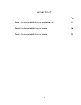 7
LISTA DE TABLAS
Pág
Tabla 1. Nombre de la tabla-Autor de la tabla (si lo hay) 30
Tabla 2. Nombre de la tabla-Autor de la tabla 34
Tabla 3. Nombre de la tabla-Autor de la tabla 35
 