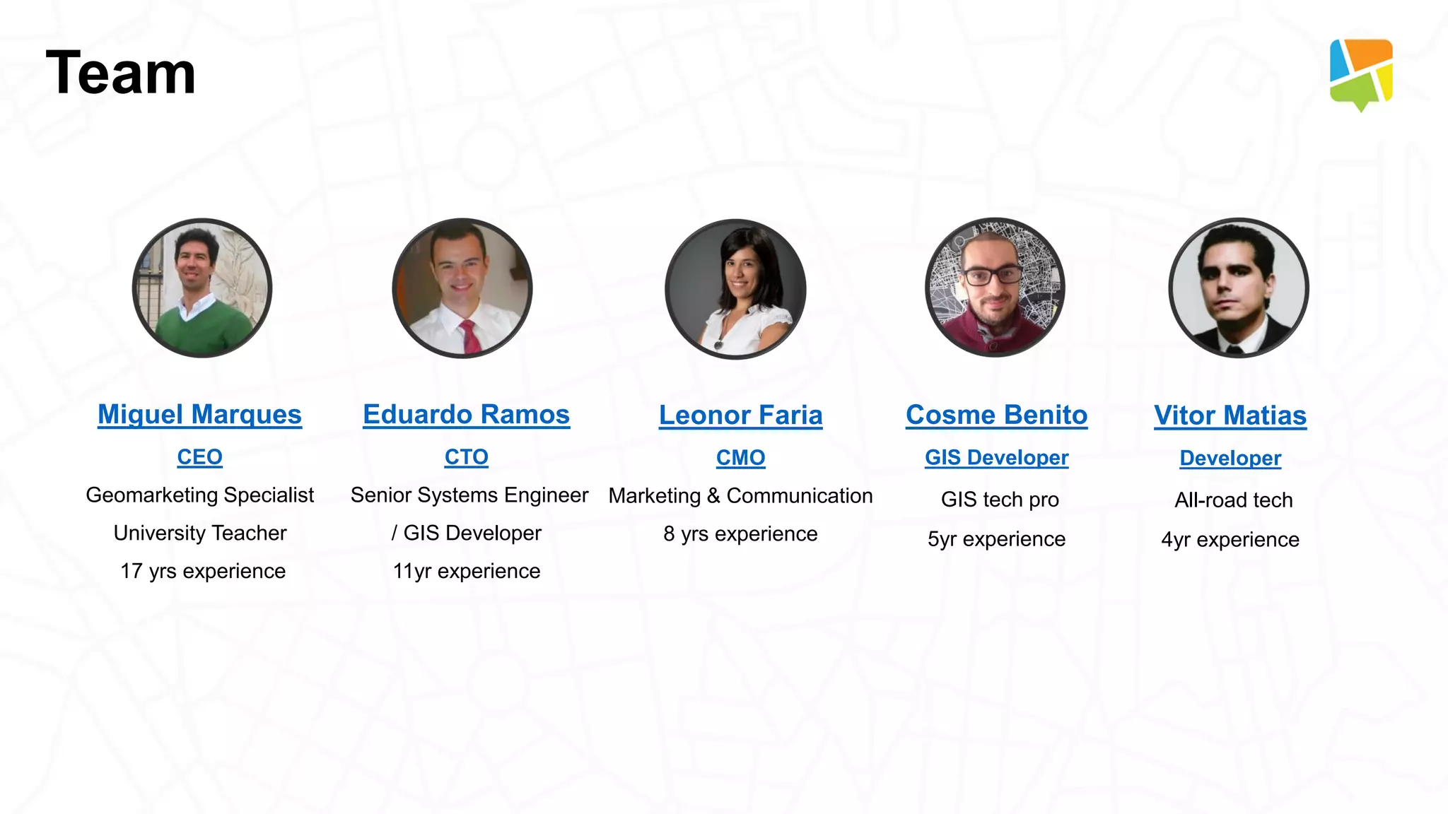Vitor Matias
Developer
All-road tech
4yr experience
Team
Miguel Marques
CEO
Geomarketing Specialist
University Teacher
17 yrs experience
Eduardo Ramos
CTO
Senior Systems Engineer
/ GIS Developer
11yr experience
Cosme Benito
GIS Developer
GIS tech pro
5yr experience
Leonor Faria
CMO
Marketing & Communication
8 yrs experience
 