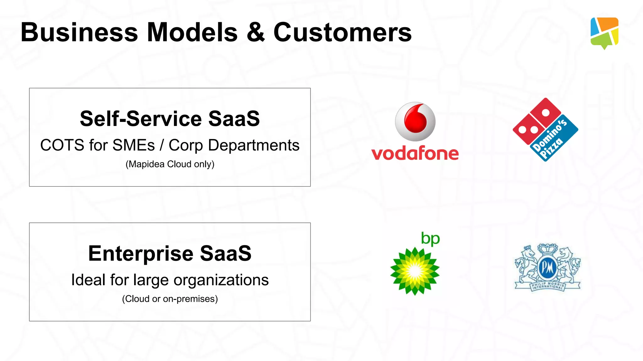 Enterprise SaaS
Ideal for large organizations
(Cloud or on-premises)
Self-Service SaaS
COTS for SMEs / Corp Departments
(Mapidea Cloud only)
Business Models & Customers
 