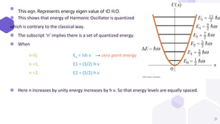 ⬢
⬢ This shows that energy of Harmonic Oscillator is quantized
which is contrary to the classical way.
⬢ The subscript ‘n’ implies there is a set of quantized energy.
⬢ When
n=0, Eo = ½h ν → zero point energy
n =1, E1 = (3/2) h ν
n =2, E2 = (5/2) h ν
⬢ Here n increases by unity energy increases by h ν. So that energy levels are equally spaced.
31
This eqn. Represents energy eigen value of 1D H.O.
 