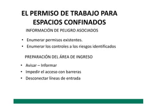 EL PERMISO DE TRABAJO PARA
ESPACIOS CONFINADOS
• Enumerar permisos existentes.
• Enumerar los controles a los riesgos identificados
INFORMACIÓN DE PELIGRO ASOCIADOS
PREPARACIÓN DEL ÁREA DE INGRESO
• Avisar – Informar
• Impedir el acceso con barreras
• Desconectar líneas de entrada
PREPARACIÓN DEL ÁREA DE INGRESO
 