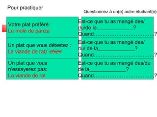 Pour practiquer 
Votre plat préféré: 
Le mole de panza 
Un plat que vous 
n’essayerez pas: 
La viande de rat 
Questionnez à un(e) autre étudiant(e) Est-ce que tu as mangé des/ 
du/de la______________? 
Quand……………………………..? 
Est-ce que tu as mangé des/ 
du/ de la______________? 
Quand……………………………..? 
Est-ce que tu as mangé des/du 
de la______________? 
Quand……………………………..? 
 