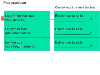 Pour practiquer 
Le prémier livre que 
vous avez lu: 
Le dernier livre 
que vous avez lu: 
Le livre que 
vous lisez maintenat: 
Questionnez à un autre étudiant : 
Est-ce que tu as lu 
_____________________? 
Est-ce que tu as lu 
_____________________? 
Est-ce que tu as lu 
_____________________? 
 