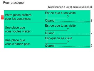 Pour practiquer 
Votre place préféré 
pour les vacances: 
Une place que 
vous voulez visiter: 
Une place que 
vous n’aimez pas: 
Questionnez à un(e) autre étudiant(e) : 
Est-ce que tu as visité 
______________? 
Quand……………………………..? 
Est-ce que tu as visité 
______________? 
Quand……………………………..? 
Esc-que tu as visité 
______________? 
Quand……………………………..? 
 