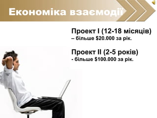 Економіка взаємодії
Проект І (12-18 місяців)
– більше $20.000 за рік.
Проект ІІ (2-5 років)
- більше $100.000 за рік.
 