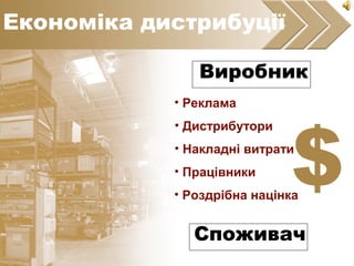 $• Роздрібна націнка
• Накладні витрати
• Реклама
• Дистрибутори
• Працівники
Виробник
Споживач
Where does the profit come?Економіка дистрибуції
 