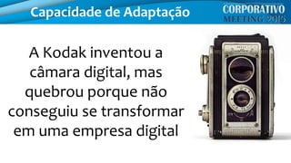 A Kodak inventou a
câmara digital, mas
quebrou porque não
conseguiu se transformar
em uma empresa digital
Capacidade de Adaptação
 