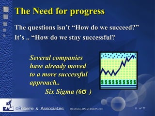 TThhee NNeeeedd ffoorr pprrooggrreessss 
TThhee qquueessttiioonnss iissnn’’tt ““HHooww ddoo wwee ssuucccceeeedd??”” 
IItt’’ss .... ““HHooww ddoo wwee ssttaayy ssuucccceessssffuull?? 
SSeevveerraall ccoommppaanniieess 
hhaavvee aallrreeaaddyy mmoovveedd 
ttoo aa mmoorree ssuucccceessssffuull 
aapppprrooaacchh.... 
SSiixx SSiiggmmaa ((66s  )) 
QQII--SSSSMM--EE--DDNN--VVEERRSSIIOONN 22..0011 11 of 77 
 