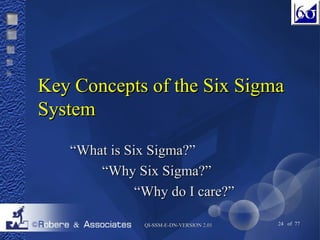 KKeeyy CCoonncceeppttss ooff tthhee SSiixx SSiiggmmaa 
SSyysstteemm 
““WWhhaatt iiss SSiixx SSiiggmmaa??”” 
““WWhhyy SSiixx SSiiggmmaa??”” 
““WWhhyy ddoo II ccaarree??”” 
QQII--SSSSMM--EE--DDNN--VVEERRSSIIOONN 22..0011 24 of 77 
 