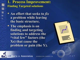 11.. PPrroocceessss IImmpprroovveemmeenntt:: 
FFiinnddiinngg TTaarrggeetteedd ssoolluuttiioonnss 
 AAnn eeffffoorrtt tthhaatt sseeeekkss ttoo ffiixx 
aa pprroobblleemm wwhhiillee lleeaavviinngg 
tthhee bbaassiicc ssttrruuccttuurree.. 
 TThhee eemmpphhaassiiss iiss oonn 
ffiinnddiinngg aanndd ttaarrggeettiinngg 
ssoolluuttiioonnss ttoo aaddddrreessss tthhee 
““vviittaall ffeeww”” ffaaccttoorrss ((tthhee 
XXss)) tthhaatt ccaauussee tthhee 
pprroobblleemm oorr ppaaiinn ((tthhee YY)).. 
QQII--SSSSMM--EE--DDNN--VVEERRSSIIOONN 22..0011 37 of 77 
 