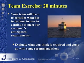 TTeeaamm EExxeerrcciissee:: 2200 mmiinnuutteess 
 YYoouurr tteeaamm wwiillll hhaavvee 
ttoo ccoonnssiiddeerr wwhhaatt hhaass 
ttoo bbee ddoonnee ttoo nnooww ttoo 
ccoonnttiinnuuee ttoo mmeeeett oouurr 
ccuussttoommeerr’’ss 
aannttiicciippaatteedd 
rreeqquuiirreemmeennttss.. 
EEvvaalluuaattee wwhhaatt yyoouu tthhiinnkk iiss rreeqquuiirreedd aanndd ccoommee 
uupp wwiitthh ssoommee rreeccoommmmeennddaattiioonnss 
QQII--SSSSMM--EE--DDNN--VVEERRSSIIOONN 22..0011 42 of 77 
 