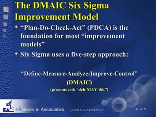 TThhee DDMMAAIICC SSiixx SSiiggmmaa 
IImmpprroovveemmeenntt MMooddeell 
 ““PPllaann--DDoo--CChheecckk--AAcctt”” ((PPDDCCAA)) iiss tthhee 
ffoouunnddaattiioonn ffoorr mmoosstt ““iimmpprroovveemmeenntt 
mmooddeellss”” 
 SSiixx SSiiggmmaa uusseess aa ffiivvee--sstteepp aapppprrooaacchh:: 
““DDeeffiinnee--MMeeaassuurree--AAnnaallyyzzee--IImmpprroovvee--CCoonnttrrooll”” 
((DDMMAAIICC)) 
((pprroonnoouunncceedd:: ““ddeehh--MMAAYY--iihhkk””)) 
QQII--SSSSMM--EE--DDNN--VVEERRSSIIOONN 22..0011 43 of 77 
 