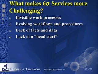 WWhhaatt mmaakkeess 66s SSeerrvviicceess mmoorree 
CChhaalllleennggiinngg?? 
11.. IInnvviissiibbllee wwoorrkk pprroocceesssseess 
22.. EEvvoollvviinngg wwoorrkkfflloowwss aanndd pprroocceedduurreess 
33.. LLaacckk ooff ffaaccttss aanndd ddaattaa 
44.. LLaacckk ooff aa ““hheeaadd ssttaarrtt”” 
QQII--SSSSMM--EE--DDNN--VVEERRSSIIOONN 22..0011 57 of 77 
 