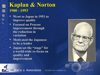 KKaappllaann && NNoorrttoonn 
11990000 -- 11999933 
 WWeenntt ttoo JJaappaann iinn 11995511 ttoo 
iimmpprroovvee qquuaalliittyy 
 FFooccuusseedd oonn PPrroocceessss 
iimmpprroovveemmeenntt tthhrroouugghh 
tthhee rreedduuccttiioonn iinn 
vvaarriiaattiioonn 
 MMoottiivvaatteedd tthhee JJaappaanneessee 
ttoo bbee aa lleeaaddeerr 
 JJaappaann sseett tthhee ““ssttaaggee”” ffoorr 
aa wwoorrlldd--wwiiddee rree--ffooccuuss oonn 
qquuaalliittyy aanndd 
iimmpprroovveemmeenntt 
QQII--SSSSMM--EE--DDNN--VVEERRSSIIOONN 22..0011 6 of 77 
 