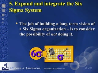 55.. EExxppaanndd aanndd iinntteeggrraattee tthhee SSiixx 
SSiiggmmaa SSyysstteemm 
 TThhee jjoobb ooff bbuuiillddiinngg aa lloonngg--tteerrmm vviissiioonn ooff 
aa SSiixx SSiiggmmaa oorrggaanniizzaattiioonn –– iiss ttoo ccoonnssiiddeerr 
tthhee ppoossssiibbiilliittyy ooff nnoott ddooiinngg iitt.. 
66s s 
QQII--SSSSMM--EE--DDNN--VVEERRSSIIOONN 22..0011 67 of 77 
 