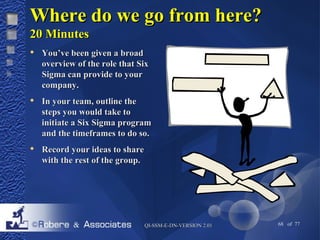 WWhheerree ddoo wwee ggoo ffrroomm hheerree?? 
2200 MMiinnuutteess 
 YYoouu’’vvee bbeeeenn ggiivveenn aa bbrrooaadd 
oovveerrvviieeww ooff tthhee rroollee tthhaatt SSiixx 
SSiiggmmaa ccaann pprroovviiddee ttoo yyoouurr 
ccoommppaannyy.. 
 IInn yyoouurr tteeaamm,, oouuttlliinnee tthhee 
sstteeppss yyoouu wwoouulldd ttaakkee ttoo 
iinniittiiaattee aa SSiixx SSiiggmmaa pprrooggrraamm 
aanndd tthhee ttiimmeeffrraammeess ttoo ddoo ssoo.. 
QQII--SSSSMM--EE--DDNN--VVEERRSSIIOONN 22..0011 68 of 77 
 RReeccoorrdd yyoouurr iiddeeaass ttoo sshhaarree 
wwiitthh tthhee rreesstt ooff tthhee ggrroouupp.. 
 