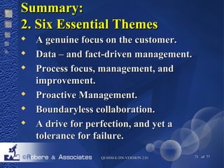 SSuummmmaarryy:: 
22.. SSiixx EEsssseennttiiaall TThheemmeess 
 AA ggeennuuiinnee ffooccuuss oonn tthhee ccuussttoommeerr.. 
 DDaattaa –– aanndd ffaacctt--ddrriivveenn mmaannaaggeemmeenntt.. 
 PPrroocceessss ffooccuuss,, mmaannaaggeemmeenntt,, aanndd 
QQII--SSSSMM--EE--DDNN--VVEERRSSIIOONN 22..0011 71 of 77 
iimmpprroovveemmeenntt.. 
 PPrrooaaccttiivvee MMaannaaggeemmeenntt.. 
 BBoouunnddaarryylleessss ccoollllaabboorraattiioonn.. 
 AA ddrriivvee ffoorr ppeerrffeeccttiioonn,, aanndd yyeett aa 
ttoolleerraannccee ffoorr ffaaiilluurree.. 
 