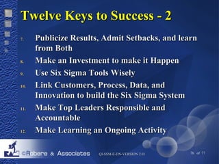 TTwweellvvee KKeeyyss ttoo SSuucccceessss -- 22 
77.. PPuubblliicciizzee RReessuullttss,, AAddmmiitt SSeettbbaacckkss,, aanndd lleeaarrnn 
QQII--SSSSMM--EE--DDNN--VVEERRSSIIOONN 22..0011 76 of 77 
ffrroomm BBootthh 
88.. MMaakkee aann IInnvveessttmmeenntt ttoo mmaakkee iitt HHaappppeenn 
99.. UUssee SSiixx SSiiggmmaa TToooollss WWiisseellyy 
1100.. LLiinnkk CCuussttoommeerrss,, PPrroocceessss,, DDaattaa,, aanndd 
IInnnnoovvaattiioonn ttoo bbuuiilldd tthhee SSiixx SSiiggmmaa SSyysstteemm 
1111.. MMaakkee TToopp LLeeaaddeerrss RReessppoonnssiibbllee aanndd 
AAccccoouunnttaabbllee 
1122.. MMaakkee LLeeaarrnniinngg aann OOnnggooiinngg AAccttiivviittyy 
 