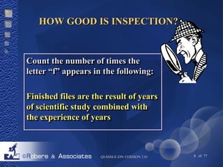 HHOOWW GGOOOODD IISS IINNSSPPEECCTTIIOONN?? 
CCoouunntt tthhee nnuummbbeerr ooff ttiimmeess tthhee 
lleetttteerr ““ff”” aappppeeaarrss iinn tthhee ffoolllloowwiinngg:: 
FFiinniisshheedd ffiilleess aarree tthhee rreessuulltt ooff yyeeaarrss 
ooff sscciieennttiiffiicc ssttuuddyy ccoommbbiinneedd wwiitthh 
tthhee eexxppeerriieennccee ooff yyeeaarrss 
QQII--SSSSMM--EE--DDNN--VVEERRSSIIOONN 22..0011 8 of 77 
 