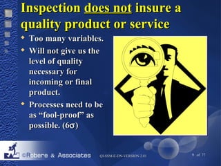 IInnssppeeccttiioonn ddooeess nnoott iinnssuurree aa 
qquuaalliittyy pprroodduucctt oorr sseerrvviiccee 
 TToooo mmaannyy vvaarriiaabblleess.. 
 WWiillll nnoott ggiivvee uuss tthhee 
lleevveell ooff qquuaalliittyy 
nneecceessssaarryy ffoorr 
iinnccoommiinngg oorr ffiinnaall 
pprroodduucctt.. 
 PPrroocceesssseess nneeeedd ttoo bbee 
aass ““ffooooll--pprrooooff”” aass 
ppoossssiibbllee.. ((66s)) 
QQII--SSSSMM--EE--DDNN--VVEERRSSIIOONN 22..0011 9 of 77 
 