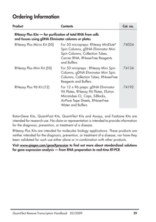 QuantiTect Reverse Transcription Handbook 03/2009 29
Ordering Information
Product Contents Cat. no.
RNeasy Plus Kits — for purification of total RNA from cells
and tissues using gDNA Eliminator columns or plates
RNeasy Plus Micro Kit (50) For 50 micropreps: RNeasy MinElute®
74034
Spin Columns, gDNA Eliminator Mini
Spin Columns, Collection Tubes,
Carrier RNA, RNase-Free Reagents
and Buffers
RNeasy Plus Mini Kit (50) For 50 minipreps : RNeasy Mini Spin 74134
Columns, gDNA Eliminator Mini Spin
Columns, Collection Tubes, RNase-Free
Reagents and Buffers
RNeasy Plus 96 Kit (12) For 12 x 96 preps: gDNA Eliminator 74192
96 Plates, RNeasy 96 Plates, Elution
Microtubes CL, Caps, S-Blocks,
AirPore Tape Sheets, RNase-Free
Water and Buffers
Rotor-Gene Kits, QuantiFast Kits, QuantiTect Kits and Assays, and FastLane Kits are
intended for research use. No claim or representation is intended to provide information
for the diagnosis, prevention, or treatment of a disease.
RNeasy Plus Kits are intended for molecular biology applications. These products are
neither intended for the diagnosis, prevention, or treatment of a disease, nor have they
been validated for such use either alone or in combination with other products.
Visit www.qiagen.com/geneXpression to find out more about standardized solutions
for gene expression analysis — from RNA preparation to real-time RT-PCR
1056039_HB 19.03.2009 14:01 Uhr Seite 29
 