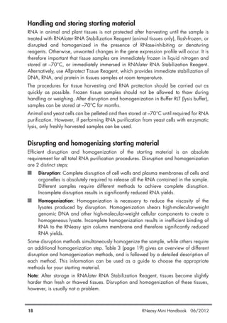 Handling and storing starting material
RNA in animal and plant tissues is not protected after harvesting until the sample is
treated with RNAlater RNA Stabilization Reagent (animal tissues only), flash-frozen, or
disrupted and homogenized in the presence of RNase-inhibiting or denaturing
reagents. Otherwise, unwanted changes in the gene expression profile will occur. It is
therefore important that tissue samples are immediately frozen in liquid nitrogen and
stored at –70°C, or immediately immersed in RNAlater RNA Stabilization Reagent.
Alternatively, use Allprotect Tissue Reagent, which provides immediate stabilization of
DNA, RNA, and protein in tissues samples at room temperature.
The procedures for tissue harvesting and RNA protection should be carried out as
quickly as possible. Frozen tissue samples should not be allowed to thaw during
handling or weighing. After disruption and homogenization in Buffer RLT (lysis buffer),
samples can be stored at –70°C for months.
Animal and yeast cells can be pelleted and then stored at –70°C until required for RNA
purification. However, if performing RNA purification from yeast cells with enzymatic
lysis, only freshly harvested samples can be used.
Disrupting and homogenizing starting material
Efficient disruption and homogenization of the starting material is an absolute
requirement for all total RNA purification procedures. Disruption and homogenization
are 2 distinct steps:
Disruption: Complete disruption of cell walls and plasma membranes of cells and
organelles is absolutely required to release all the RNA contained in the sample.
Different samples require different methods to achieve complete disruption.
Incomplete disruption results in significantly reduced RNA yields.
Homogenization: Homogenization is necessary to reduce the viscosity of the
lysates produced by disruption. Homogenization shears high-molecular-weight
genomic DNA and other high-molecular-weight cellular components to create a
homogeneous lysate. Incomplete homogenization results in inefficient binding of
RNA to the RNeasy spin column membrane and therefore significantly reduced
RNA yields.
Some disruption methods simultaneously homogenize the sample, while others require
an additional homogenization step. Table 3 (page 19) gives an overview of different
disruption and homogenization methods, and is followed by a detailed description of
each method. This information can be used as a guide to choose the appropriate
methods for your starting material.
Note: After storage in RNAlater RNA Stabilization Reagent, tissues become slightly
harder than fresh or thawed tissues. Disruption and homogenization of these tissues,
however, is usually not a problem.
18 RNeasy Mini Handbook 06/2012
 