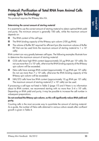 AnimalCells
Spin
Protocol: Purification of Total RNA from Animal Cells
using Spin Technology
This protocol requires the RNeasy Mini Kit.
Determining the correct amount of starting material
It is essential to use the correct amount of starting material to obtain optimal RNA yield
and purity. The minimum amount is generally 100 cells, while the maximum amount
depends on:
The RNA content of the cell type
The RNA binding capacity of the RNeasy spin column (100 µg RNA)
The volume of Buffer RLT required for efficient lysis (the maximum volume of Buffer
RLT that can be used limits the maximum amount of starting material to 1 x 107
cells)
RNA content can vary greatly between cell types. The following examples illustrate how
to determine the maximum amount of starting material:
COS cells have high RNA content (approximately 35 µg RNA per 106
cells). Do
not use more than 3 x 106
cells, otherwise the RNA binding capacity of the RNeasy
spin column will be exceeded.
HeLa cells have average RNA content (approximately 15 µg RNA per 106
cells).
Do not use more than 7 x 106
cells, otherwise the RNA binding capacity of the
RNeasy spin column will be exceeded.
NIH/3T3 cells have low RNA content (approximately 10 µg RNA per 106
cells).
The maximum amount of starting material (1 x 107
cells) can be used.
If processing a cell type not listed in Table 2 (page 17) and if there is no information
about its RNA content, we recommend starting with no more than 3–4 x 106
cells.
Depending on RNA yield and purity, it may be possible to increase the cell number in
subsequent preparations.
Do not overload the RNeasy spin column, as this will significantly reduce RNA yield and
purity.
Counting cells is the most accurate way to quantitate the amount of starting material.
As a guide, the number of HeLa cells obtained in various culture vessels after confluent
growth is given in Table 4.
RNeasy Mini Handbook 06/2012 23
 