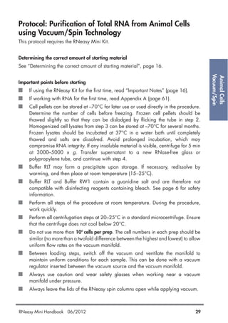 AnimalCells
Vacuum/Spin
Protocol: Purification of Total RNA from Animal Cells
using Vacuum/Spin Technology
This protocol requires the RNeasy Mini Kit.
Determining the correct amount of starting material
See “Determining the correct amount of starting material”, page 16.
Important points before starting
If using the RNeasy Kit for the first time, read “Important Notes” (page 16).
If working with RNA for the first time, read Appendix A (page 61).
Cell pellets can be stored at –70°C for later use or used directly in the procedure.
Determine the number of cells before freezing. Frozen cell pellets should be
thawed slightly so that they can be dislodged by flicking the tube in step 2.
Homogenized cell lysates from step 3 can be stored at –70°C for several months.
Frozen lysates should be incubated at 37°C in a water bath until completely
thawed and salts are dissolved. Avoid prolonged incubation, which may
compromise RNA integrity. If any insoluble material is visible, centrifuge for 5 min
at 3000–5000 x g. Transfer supernatant to a new RNase-free glass or
polypropylene tube, and continue with step 4.
Buffer RLT may form a precipitate upon storage. If necessary, redissolve by
warming, and then place at room temperature (15–25°C).
Buffer RLT and Buffer RW1 contain a guanidine salt and are therefore not
compatible with disinfecting reagents containing bleach. See page 6 for safety
information.
Perform all steps of the procedure at room temperature. During the procedure,
work quickly.
Perform all centrifugation steps at 20–25°C in a standard microcentrifuge. Ensure
that the centrifuge does not cool below 20°C.
Do not use more than 106
cells per prep. The cell numbers in each prep should be
similar (no more than a twofold difference between the highest and lowest) to allow
uniform flow rates on the vacuum manifold.
Between loading steps, switch off the vacuum and ventilate the manifold to
maintain uniform conditions for each sample. This can be done with a vacuum
regulator inserted between the vacuum source and the vacuum manifold.
Always use caution and wear safety glasses when working near a vacuum
manifold under pressure.
Always leave the lids of the RNeasy spin columns open while applying vacuum.
RNeasy Mini Handbook 06/2012 29
 
