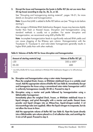 AnimalTissues
40 RNeasy Mini Handbook 06/2012
3. Disrupt the tissue and homogenize the lysate in Buffer RLT (do not use more than
30 mg tissue) according to step 3a, 3b, 3c, or 3d.
See “Disrupting and homogenizing starting material”, pages 18–21, for more
details on disruption and homogenization.
Note: Ensure that β-ME is added to Buffer RLT before use (see “Things to do before
starting”).
After storage in RNAlater RNA Stabilization Reagent, tissues may become slightly
harder than fresh or thawed tissues. Disruption and homogenization using
standard methods is usually not a problem. For easier disruption and
homogenization, we recommend using 600 µl Buffer RLT.
Note: Incomplete homogenization leads to significantly reduced RNA yields and
can cause clogging of the RNeasy spin column. Homogenization with the
TissueLyser LT, TissueLyser II, and rotor–stator homogenizers generally results in
higher RNA yields than with other methods.
Table 8. Volumes of Buffer RLT for tissue disruption and homogenization
Amount of starting material (mg) Volume of Buffer RLT (µl)
<20 350 or 600*
20–30 600
* Use 600 µl Buffer RLT for tissues stabilized in RNAlater RNA Stabilization Reagent or for difficult-to-lyse
tissues.
3a. Disruption and homogenization using a rotor–stator homogenizer:
Place the weighed (fresh, frozen, or RNAlater stabilized) tissue in a suitably sized
vessel. Add the appropriate volume of Buffer RLT (see Table 8). Immediately disrupt
and homogenize the tissue using a conventional rotor–stator homogenizer until it
is uniformly homogeneous (usually 20–40 s). Proceed to step 4.
3b. Disruption using a mortar and pestle followed by homogenization using a
QIAshredder homogenizer:
Immediately place the weighed (fresh, frozen, or RNAlater stabilized) tissue in
liquid nitrogen, and grind thoroughly with a mortar and pestle. Decant tissue
powder and liquid nitrogen into an RNase-free, liquid-nitrogen–cooled, 2 ml
microcentrifuge tube (not supplied). Allow the liquid nitrogen to evaporate, but do
not allow the tissue to thaw.
Add the appropriate volume of Buffer RLT (see Table 8). Pipet the lysate directly
into a QIAshredder spin column placed in a 2 ml collection tube, and centrifuge for
2 min at full speed. Proceed to step 4.
 